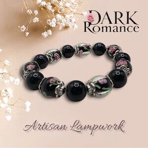 Black Lampwork Rose Stretch Bracelet – Vintage Gothic Floral